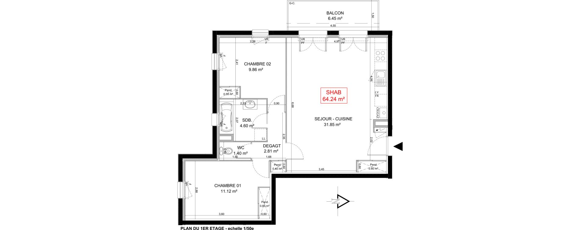 Appartement T3 de 64,24 m2 &agrave; Messy Centre