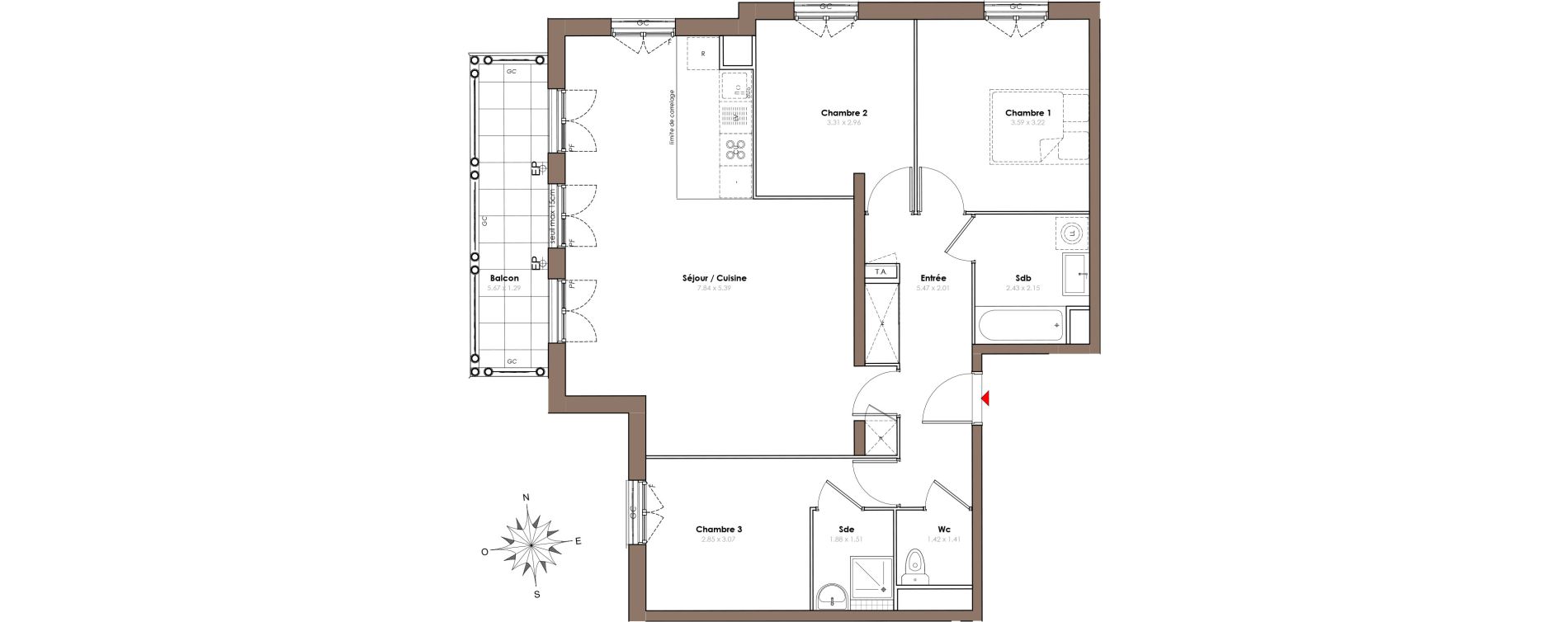 Appartement T4 de 86,20 m2 &agrave; Serris Le pr&eacute; de claye