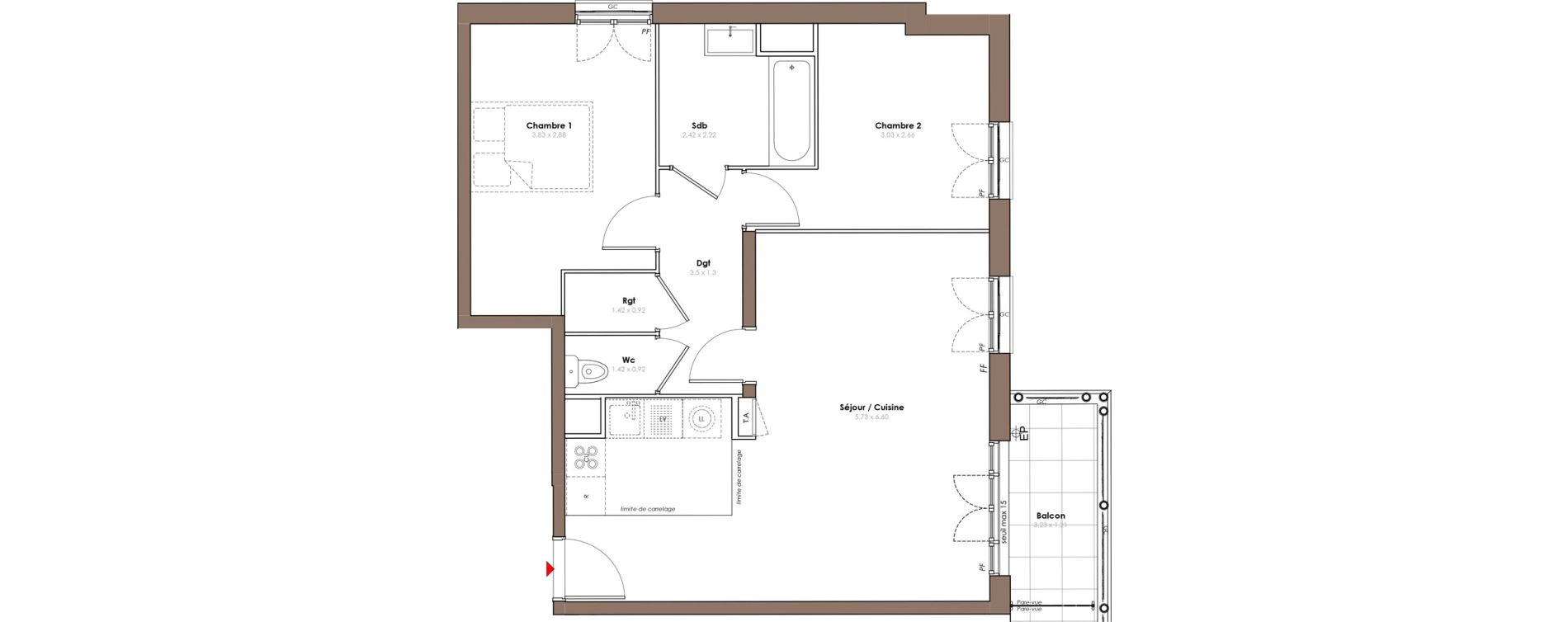Appartement T3 de 63,00 m2 &agrave; Serris Le pr&eacute; de claye
