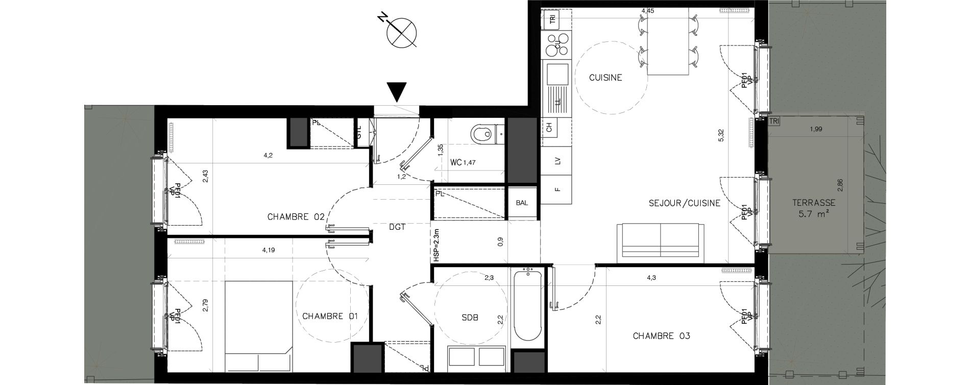 Appartement T4 de 70,50 m2 &agrave; Serris Centre
