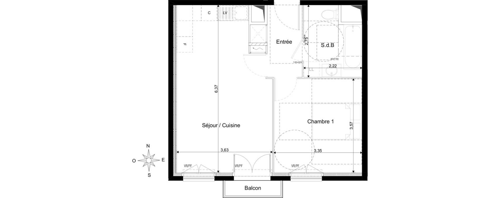 Appartement T2 de 42,54 m2 au Blanc-Mesnil Les tilleuls