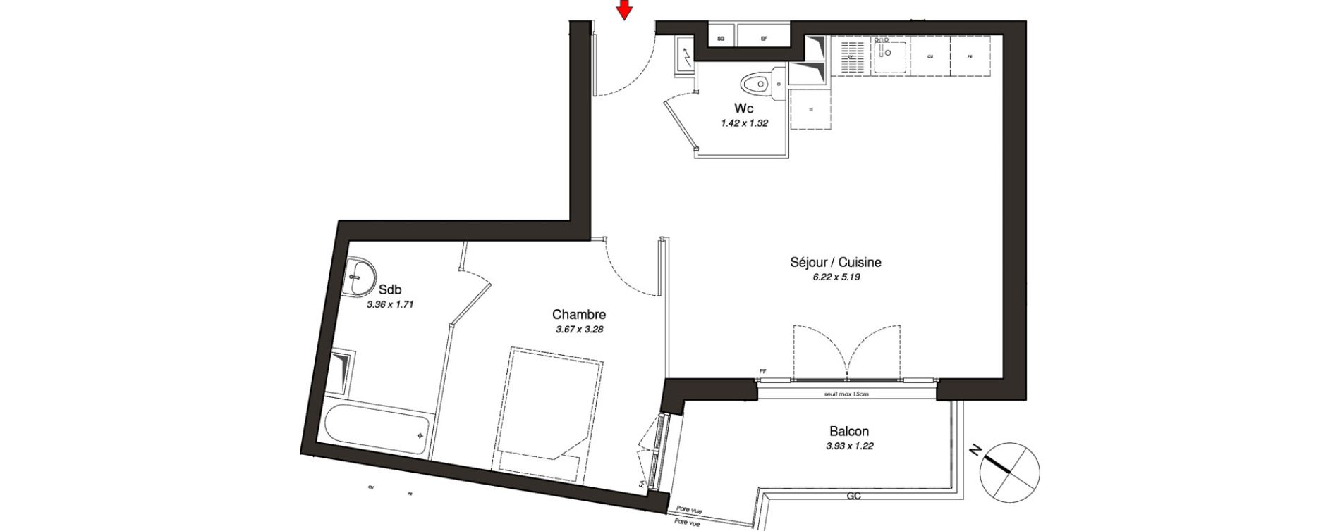 Appartement T2 de 45,07 m2 au Blanc-Mesnil Centre