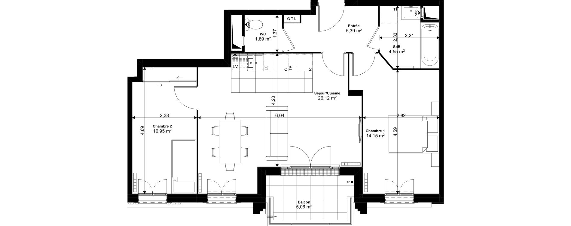 Appartement T3 de 63,05 m2 au Blanc-Mesnil Eiffel