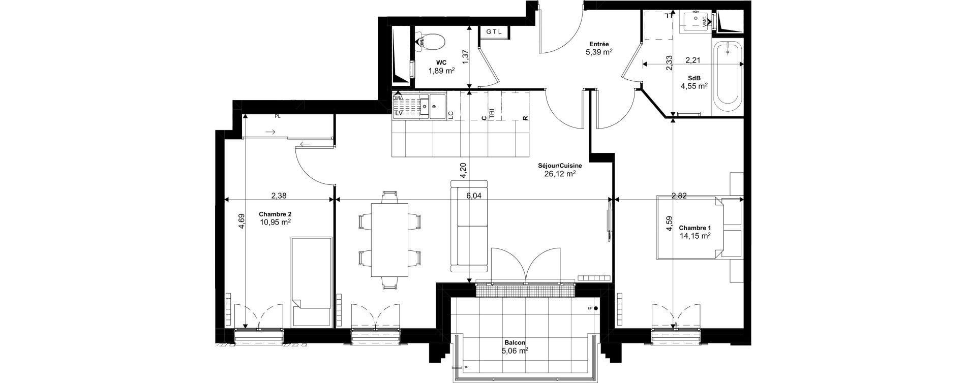 Appartement T3 de 63,05 m2 au Blanc-Mesnil Eiffel