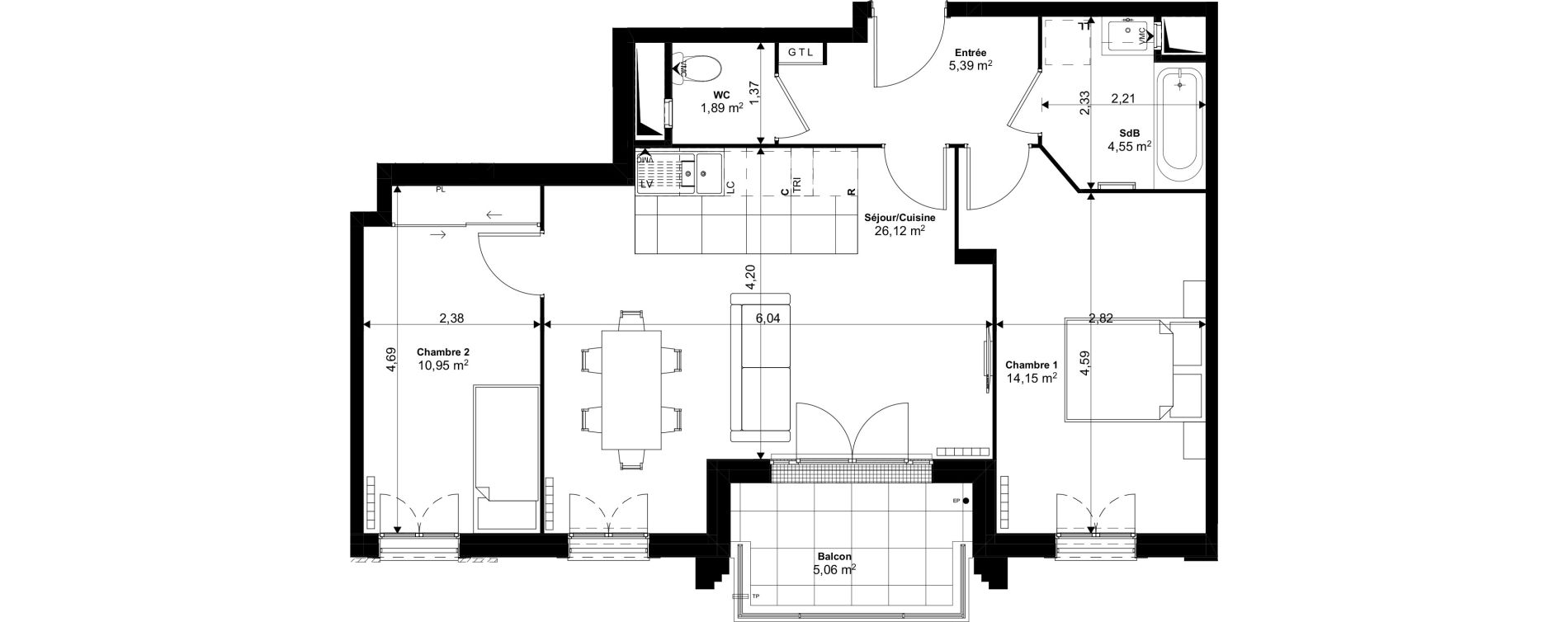 Appartement T3 de 63,05 m2 au Blanc-Mesnil Eiffel