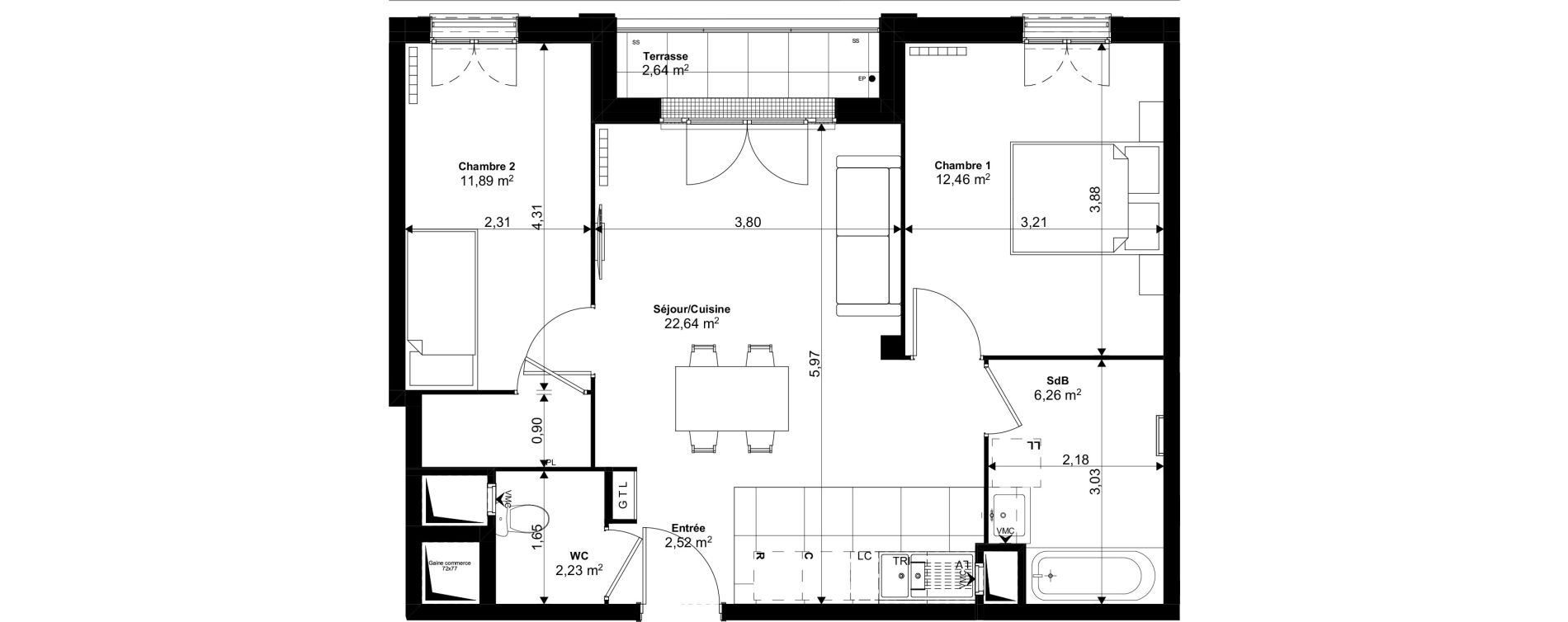 Appartement T3 de 58,00 m2 au Blanc-Mesnil Eiffel