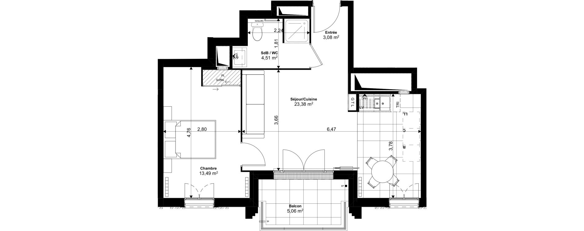 Appartement T2 de 49,75 m2 au Blanc-Mesnil Eiffel