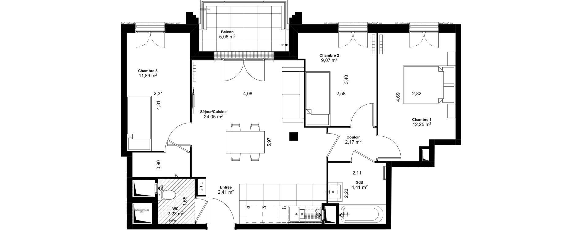 Appartement T4 de 68,48 m2 au Blanc-Mesnil Eiffel