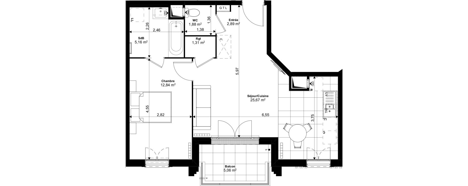 Appartement T2 de 49,75 m2 au Blanc-Mesnil Eiffel