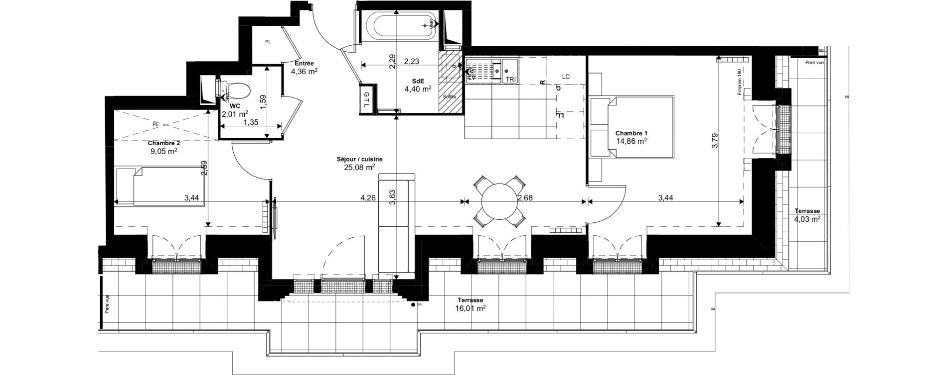 Appartement T3 de 59,76 m2 au Blanc-Mesnil Eiffel