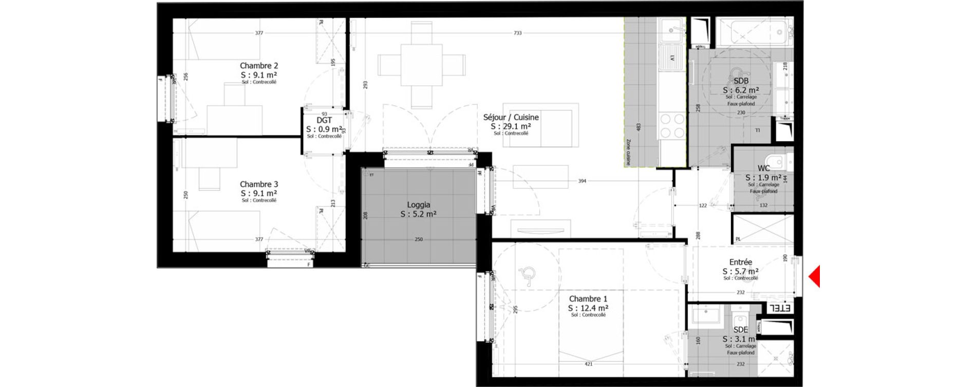 Appartement T4 de 77,50 m2 au Bourget Centre