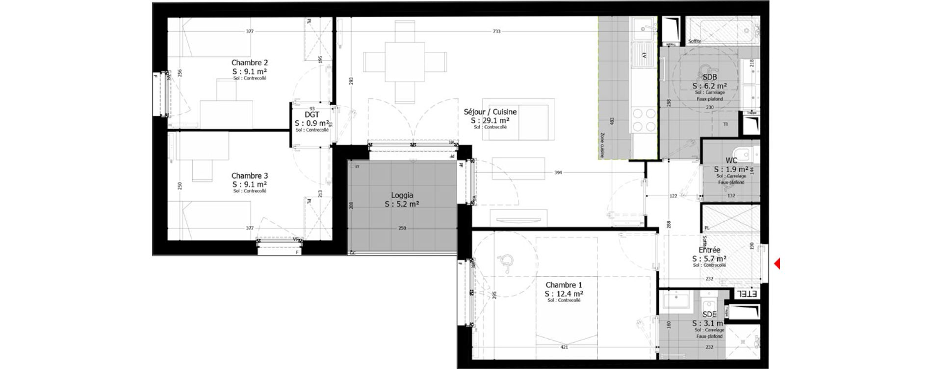 Appartement T4 de 77,50 m2 au Bourget Centre