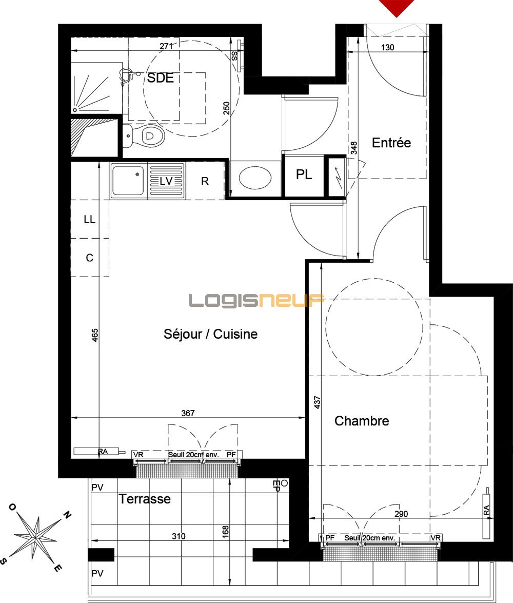 Plan appartement T2 de 40,60 m² neuf, résidence « L'Impérial » au Le Bourget