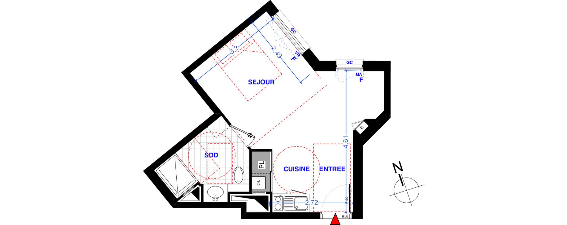 Appartement T1 de 27,90 m2 aux Lilas Centre