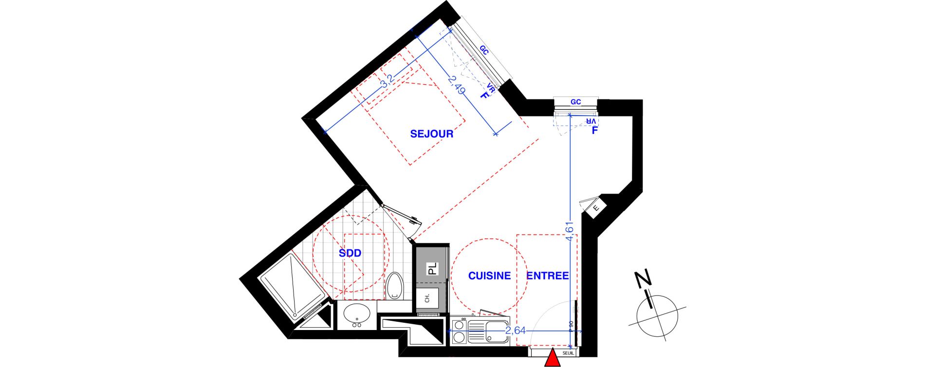 Appartement T1 de 27,90 m2 aux Lilas Centre