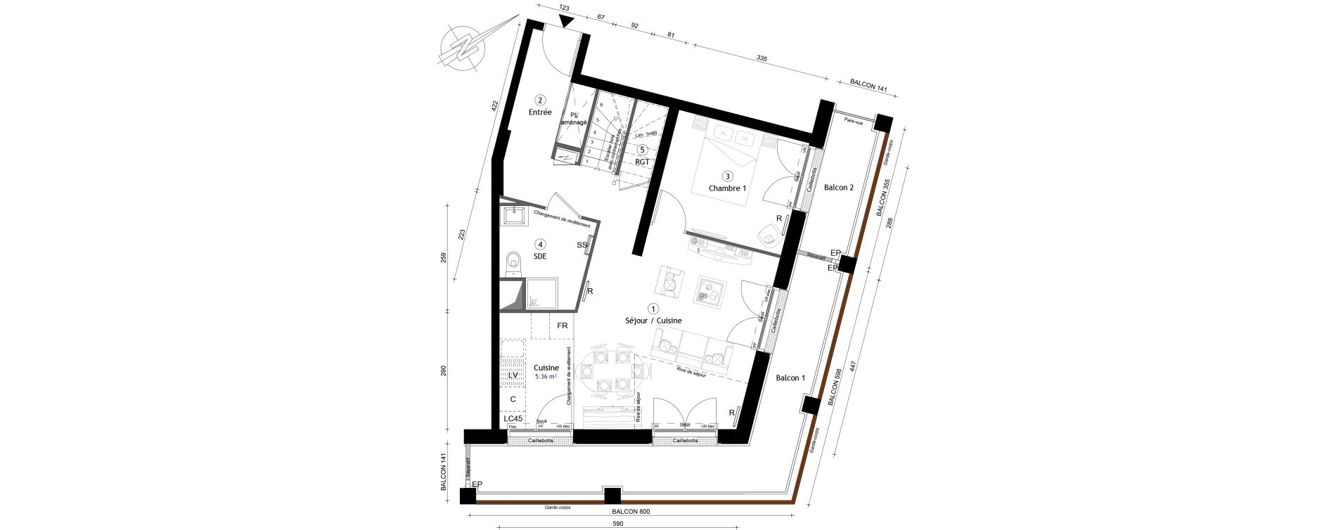 Duplex T5 de 97,70 m2 &agrave; Montreuil Boissi&egrave;re - acacia