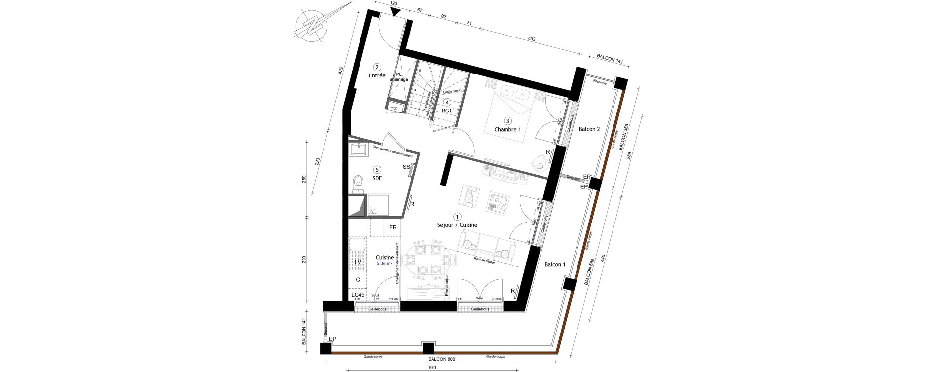 Duplex T5 de 98,10 m2 &agrave; Montreuil Boissi&egrave;re - acacia