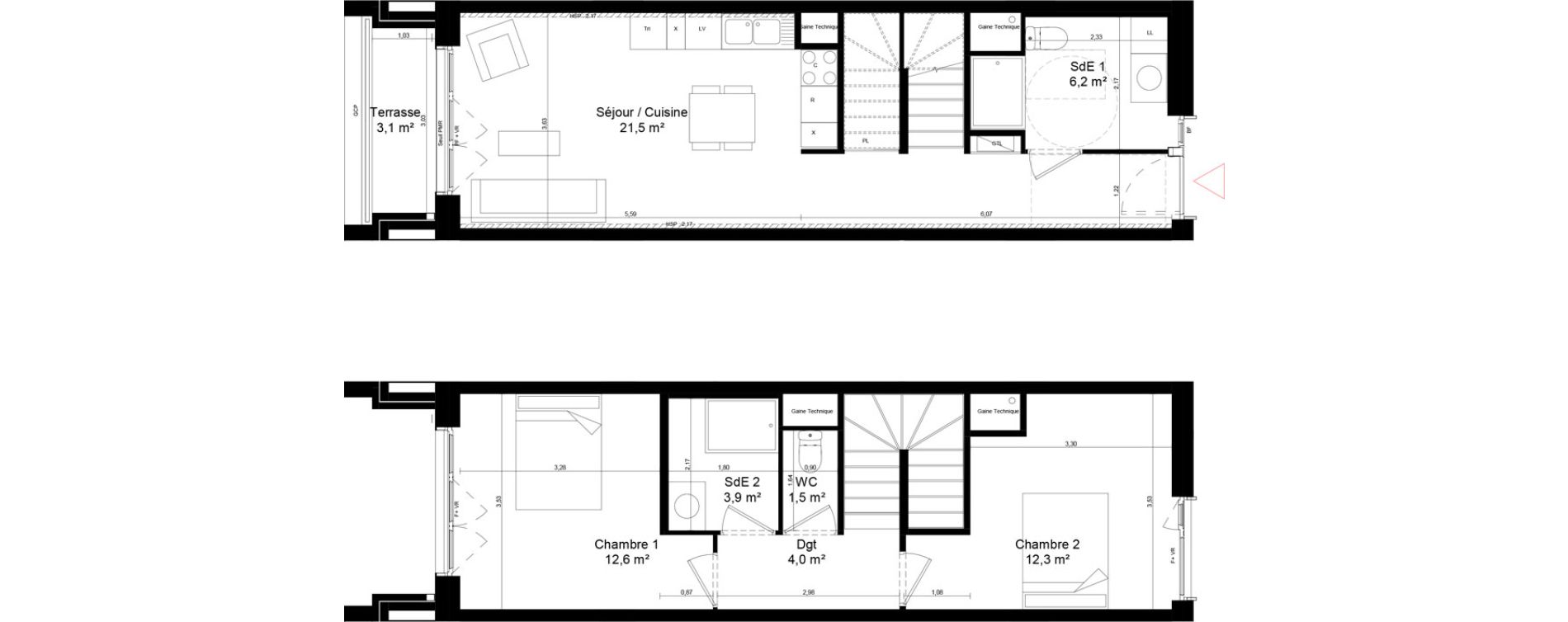 Duplex T3 de 69,40 m2 &agrave; Saint-Denis Universeine