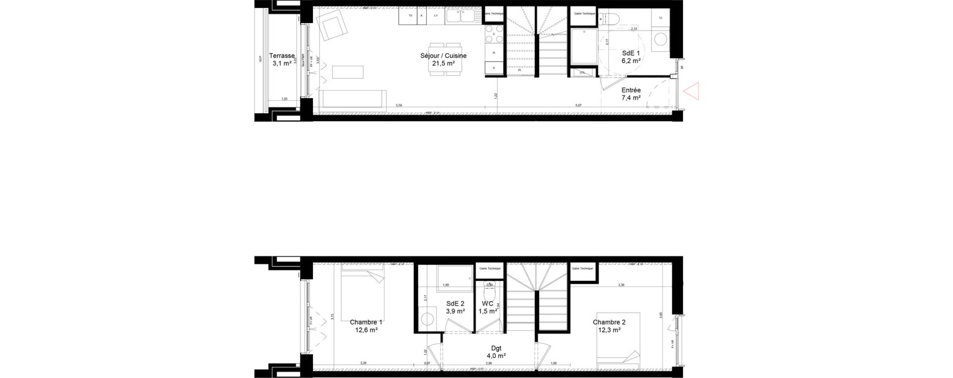 Duplex T3 de 69,40 m2 &agrave; Saint-Denis Universeine