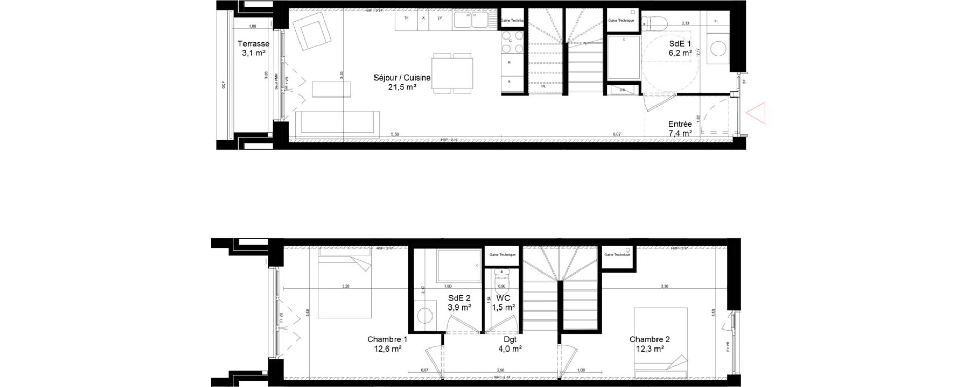 Duplex T3 de 69,40 m2 &agrave; Saint-Denis Universeine