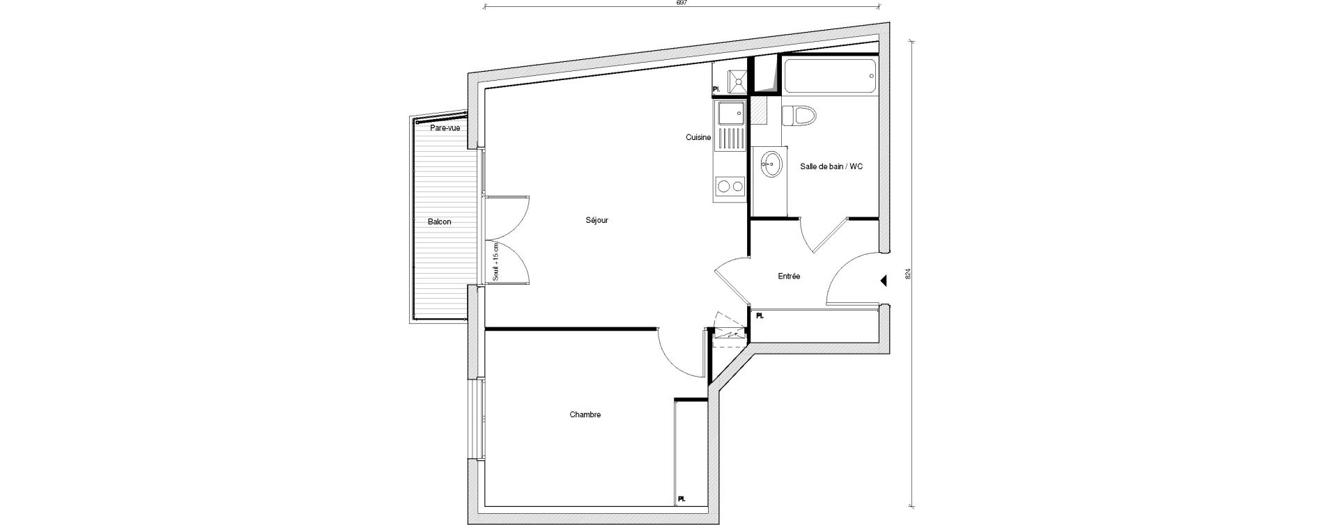 Appartement T2 de 44,24 m2 &agrave; Chennevi&egrave;res-Sur-Marne Centre
