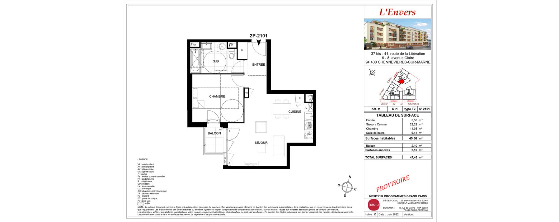 Appartement T2 de 45,36 m2 &agrave; Chennevi&egrave;res-Sur-Marne Centre