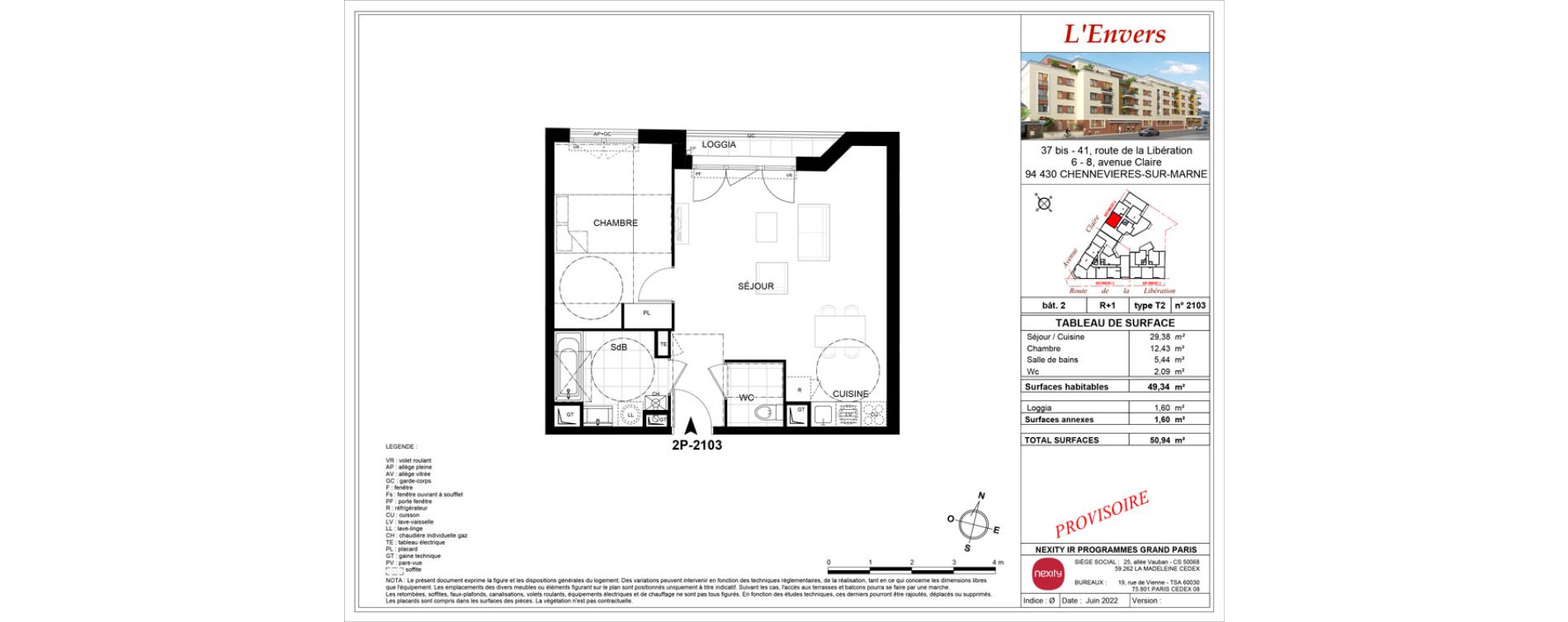 Appartement T2 de 49,34 m2 &agrave; Chennevi&egrave;res-Sur-Marne Centre