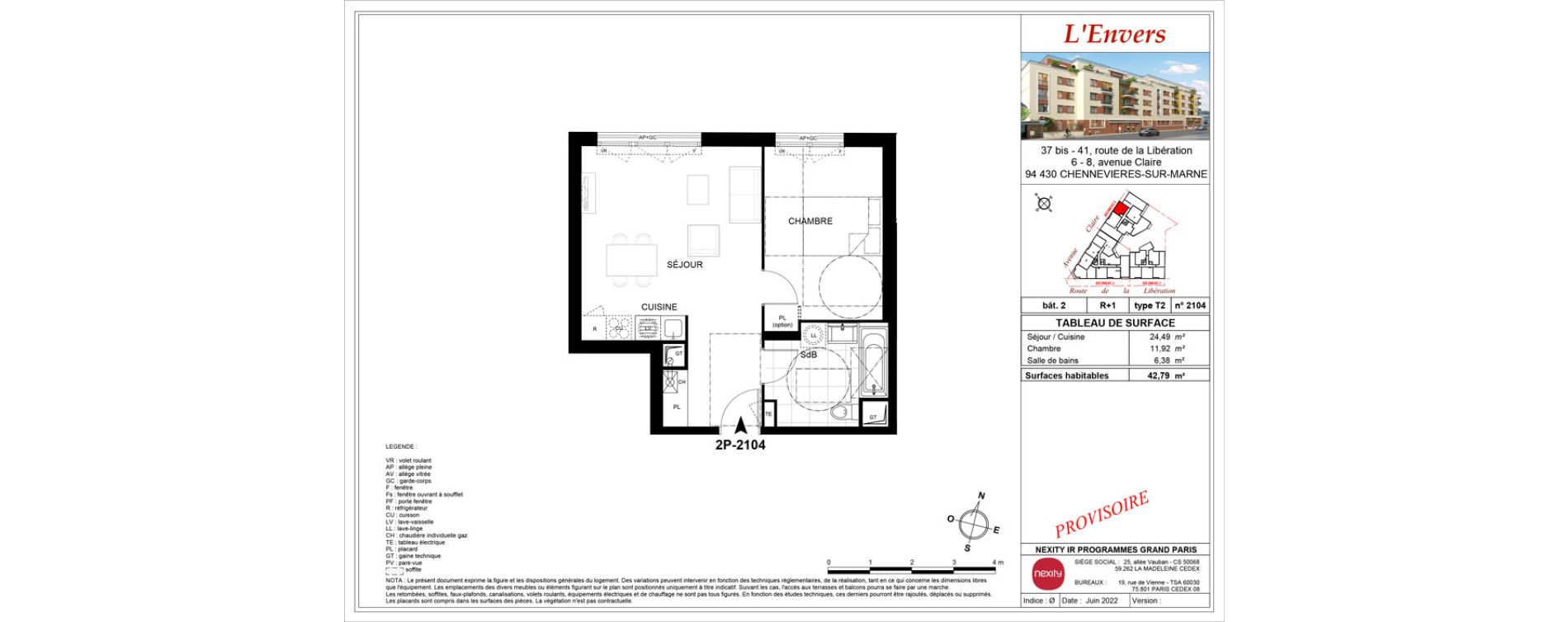 Appartement T2 de 42,79 m2 &agrave; Chennevi&egrave;res-Sur-Marne Centre