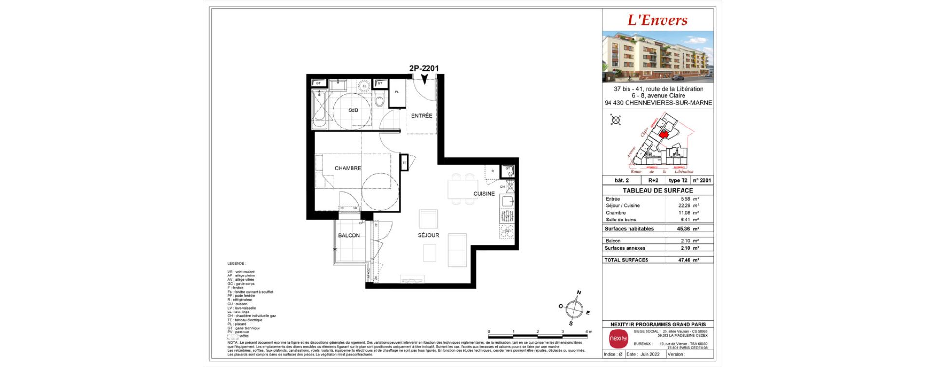 Appartement T2 de 45,36 m2 &agrave; Chennevi&egrave;res-Sur-Marne Centre