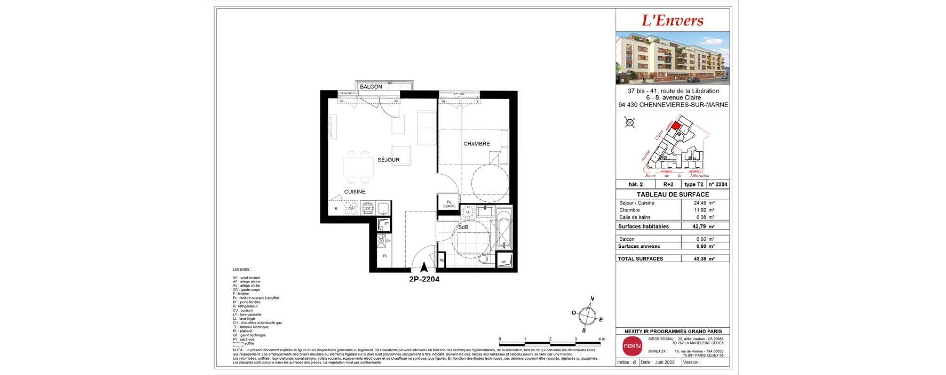 Appartement T2 de 42,79 m2 &agrave; Chennevi&egrave;res-Sur-Marne Centre