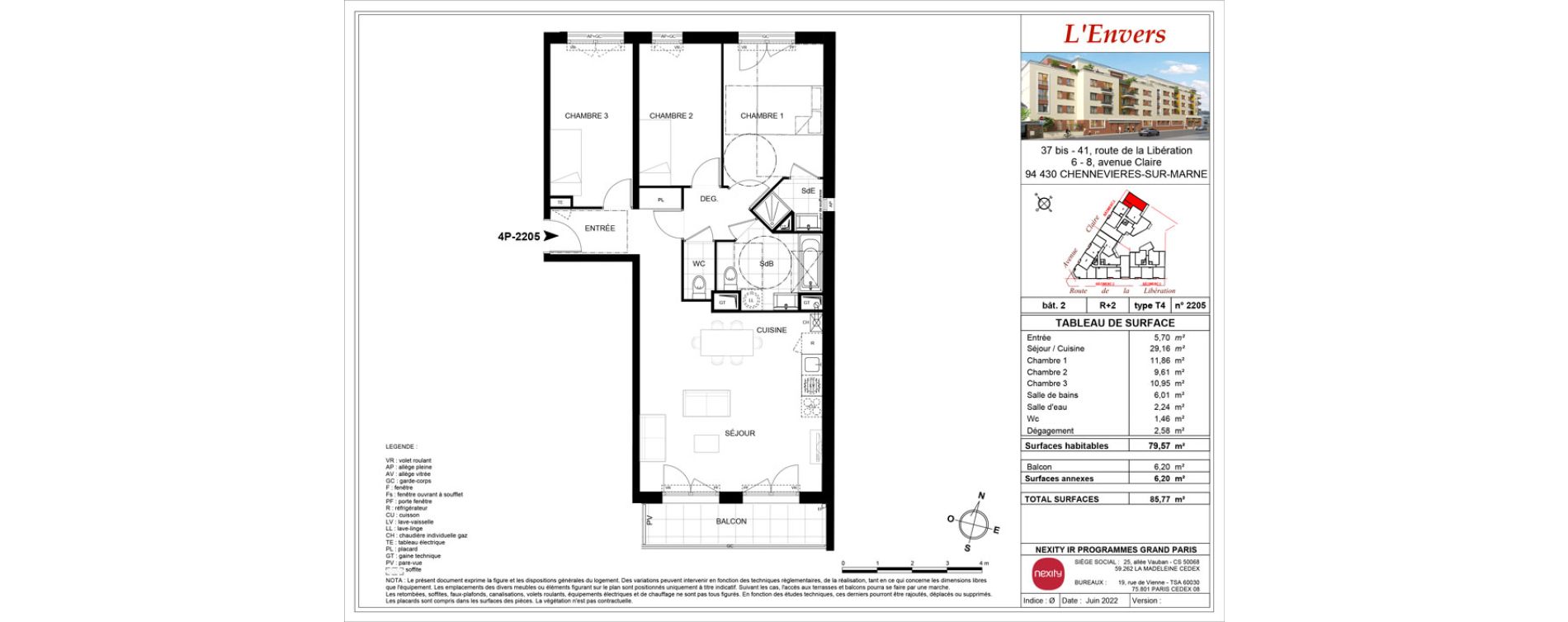 Appartement T4 de 79,57 m2 &agrave; Chennevi&egrave;res-Sur-Marne Centre