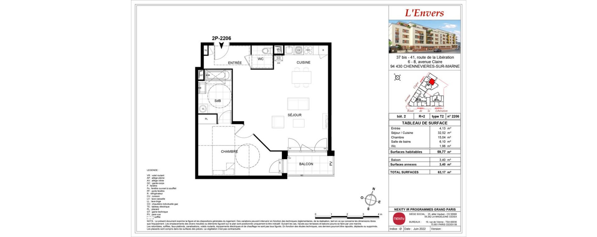 Appartement T2 de 59,77 m2 &agrave; Chennevi&egrave;res-Sur-Marne Centre