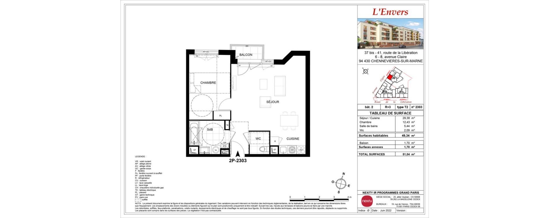 Appartement T2 de 49,34 m2 &agrave; Chennevi&egrave;res-Sur-Marne Centre