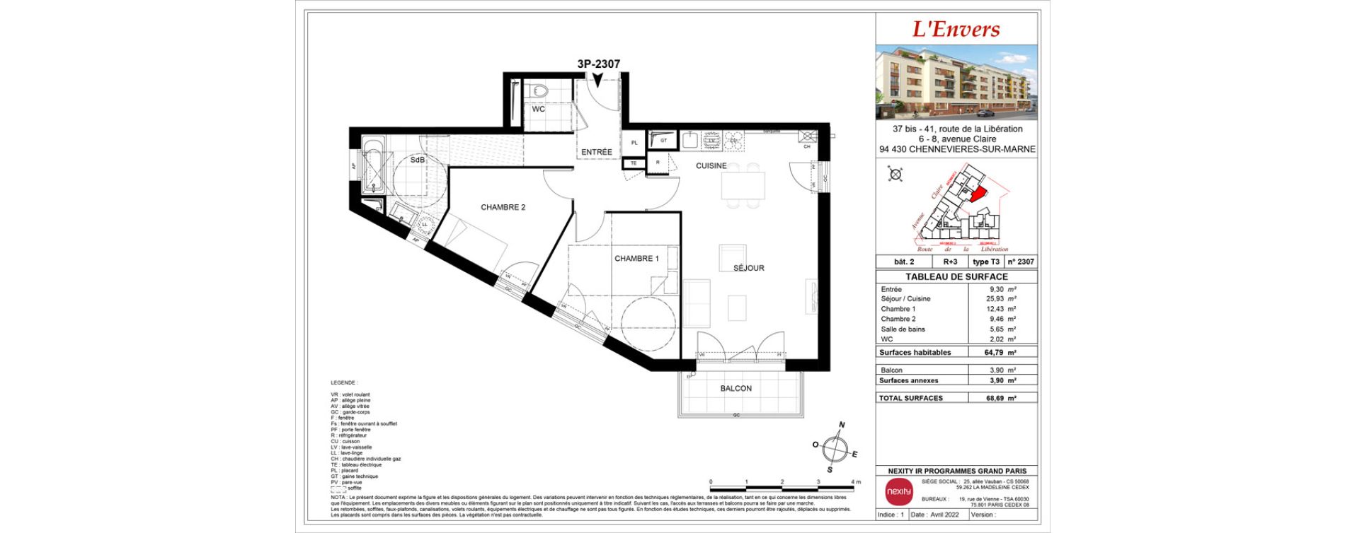 Appartement T3 de 64,79 m2 &agrave; Chennevi&egrave;res-Sur-Marne Centre