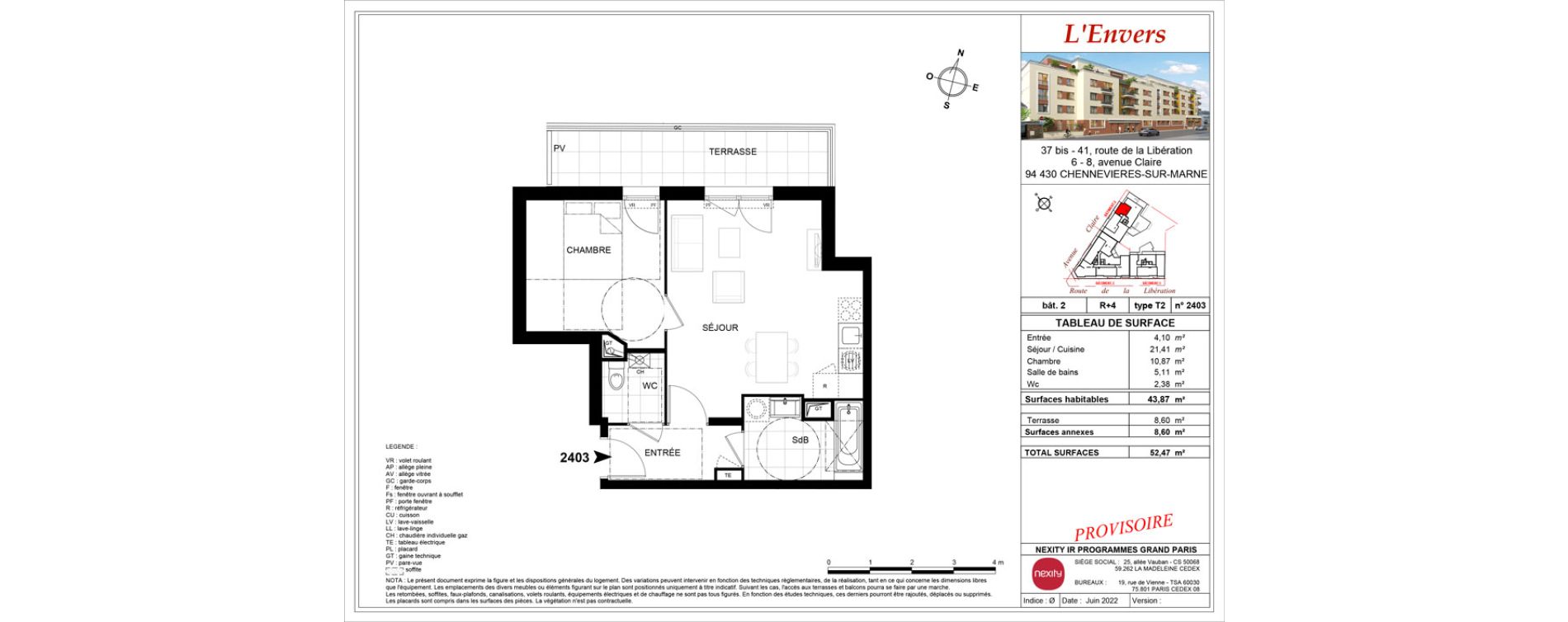 Appartement T2 de 43,87 m2 &agrave; Chennevi&egrave;res-Sur-Marne Centre