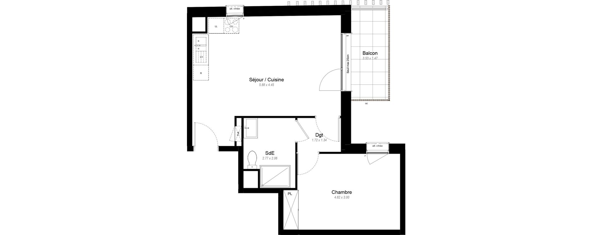 Appartement T2 de 45,40 m2 &agrave; Chennevi&egrave;res-Sur-Marne Le fort - la maillarde