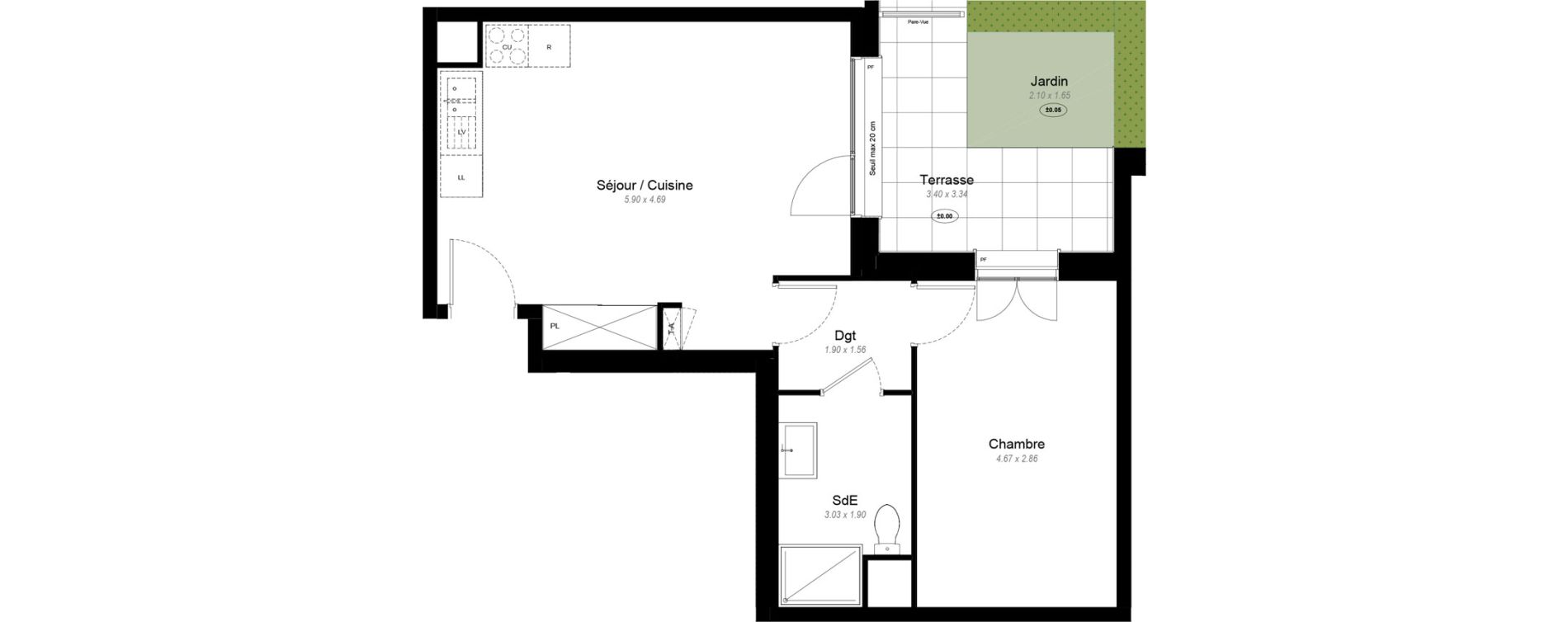 Appartement T2 de 46,40 m2 &agrave; Chennevi&egrave;res-Sur-Marne Le fort - la maillarde
