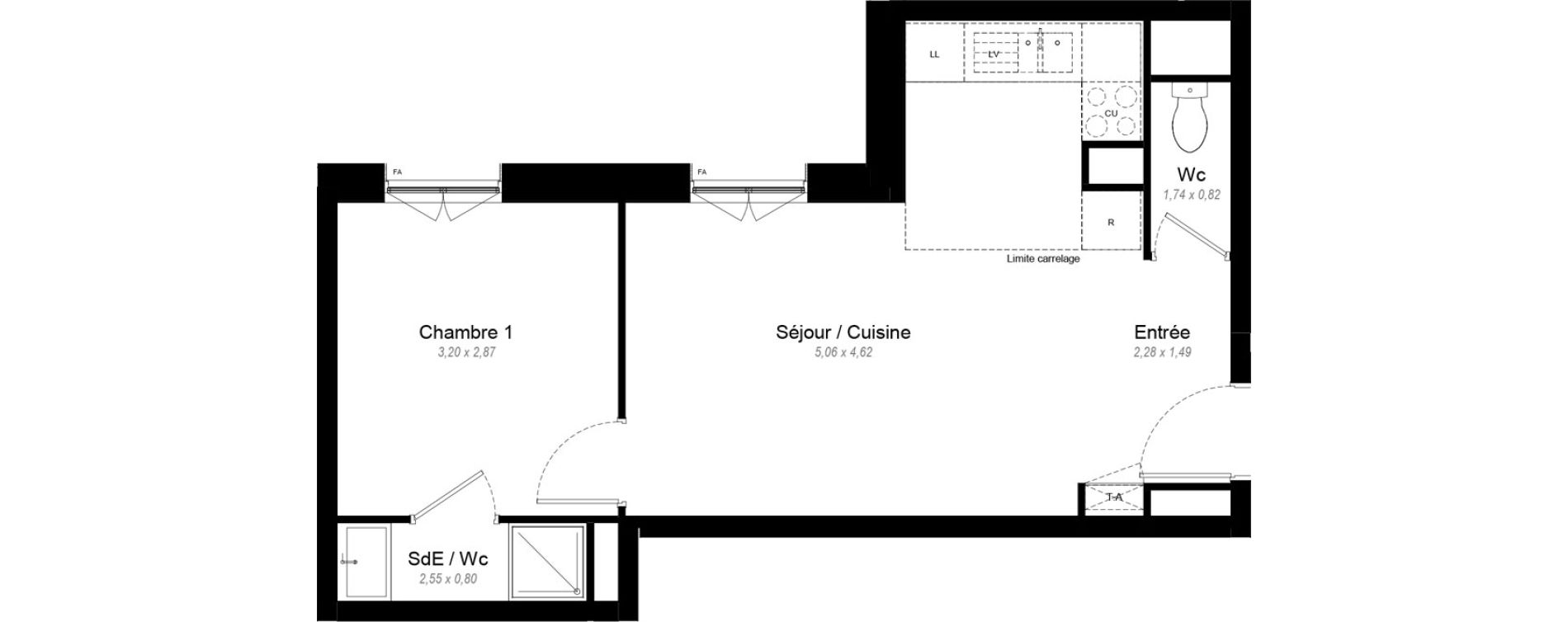 Appartement T2 de 35,50 m2 &agrave; Chennevi&egrave;res-Sur-Marne Le fort - la maillarde