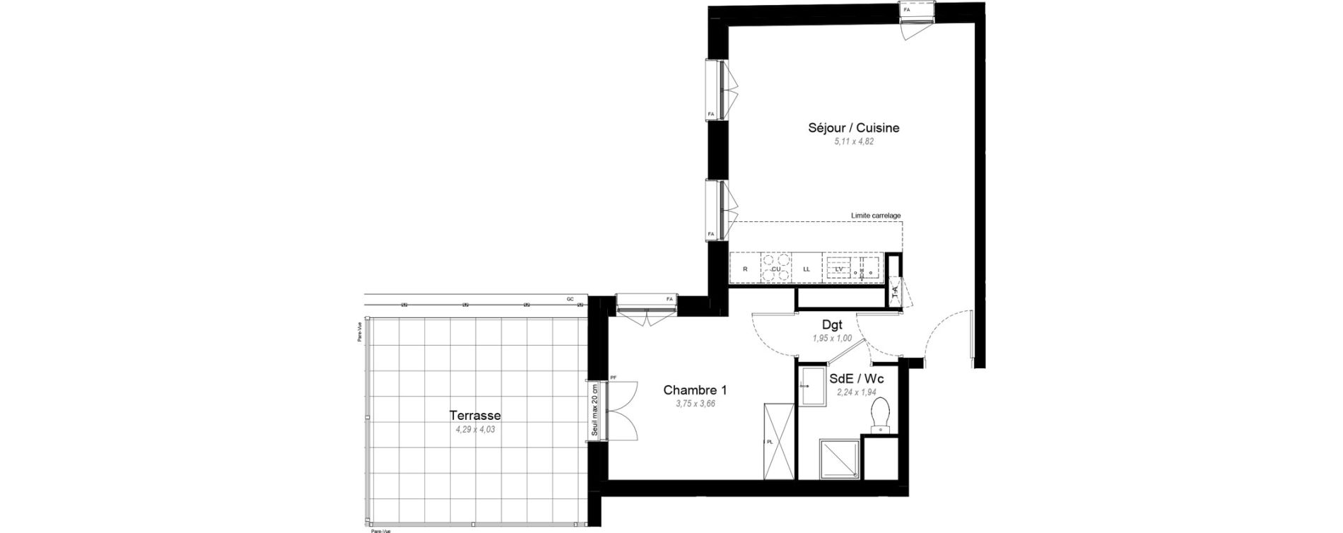 Appartement T2 de 44,40 m2 &agrave; Chennevi&egrave;res-Sur-Marne Le fort - la maillarde