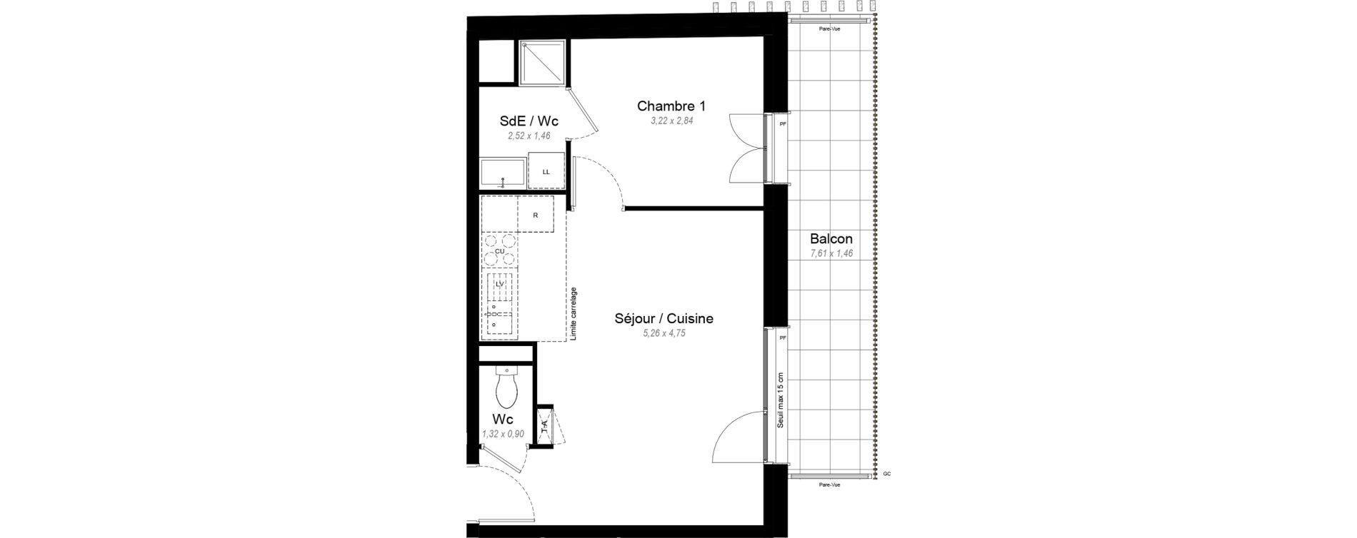 Appartement T2 de 37,00 m2 &agrave; Chennevi&egrave;res-Sur-Marne Le fort - la maillarde