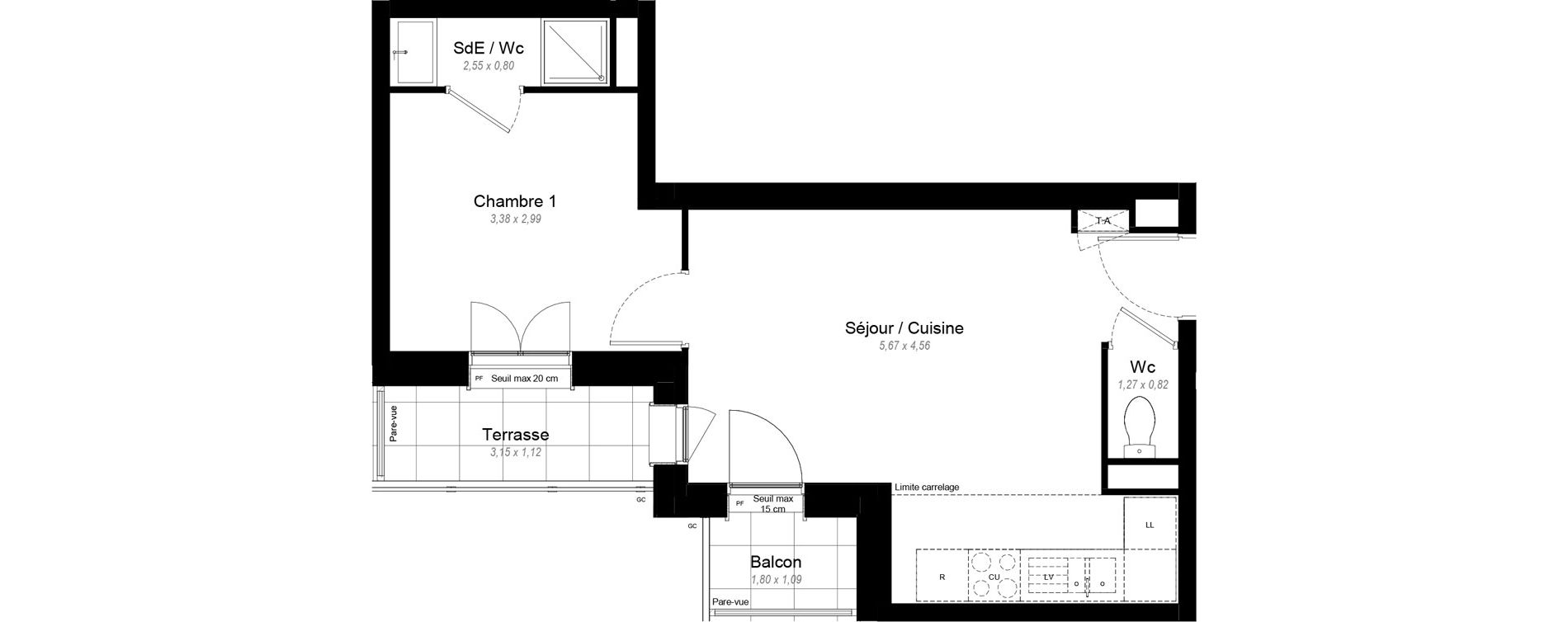 Appartement T2 de 33,10 m2 &agrave; Chennevi&egrave;res-Sur-Marne Le fort - la maillarde