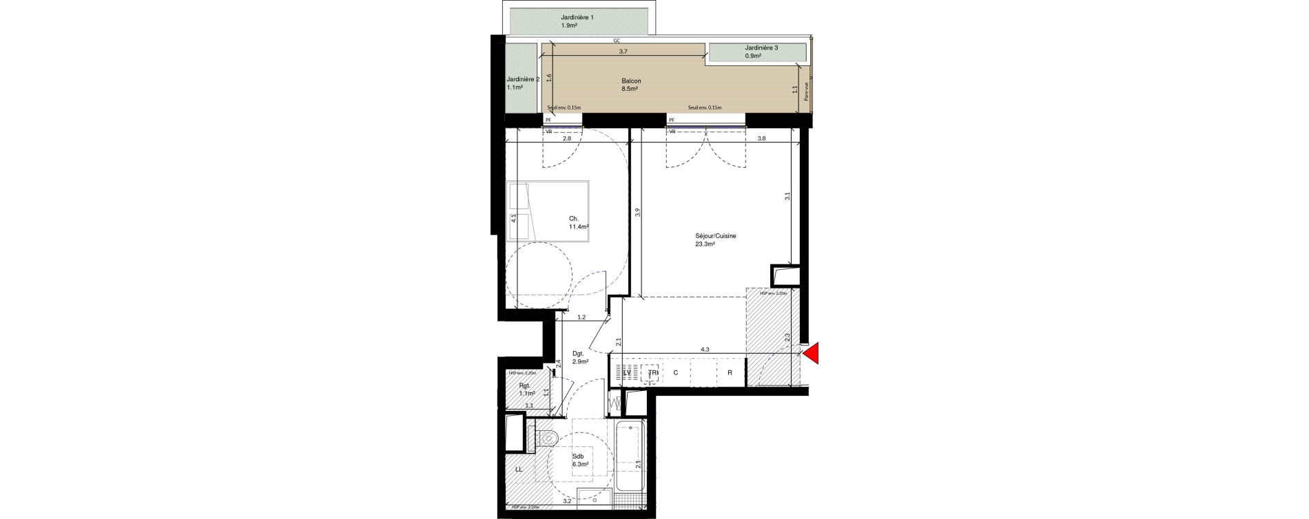 Appartement T2 de 45,00 m2 &agrave; Cr&eacute;teil Triangle de l'&eacute;chat