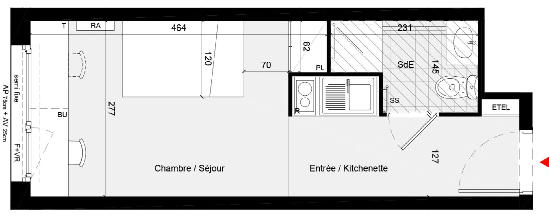 Appartement T1 meubl&eacute; de 19,95 m2 &agrave; Cr&eacute;teil L &eacute;chat