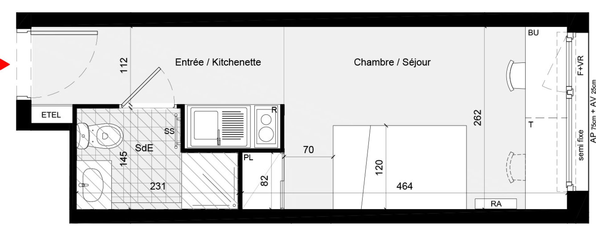 Appartement T1 meubl&eacute; de 18,80 m2 &agrave; Cr&eacute;teil L &eacute;chat