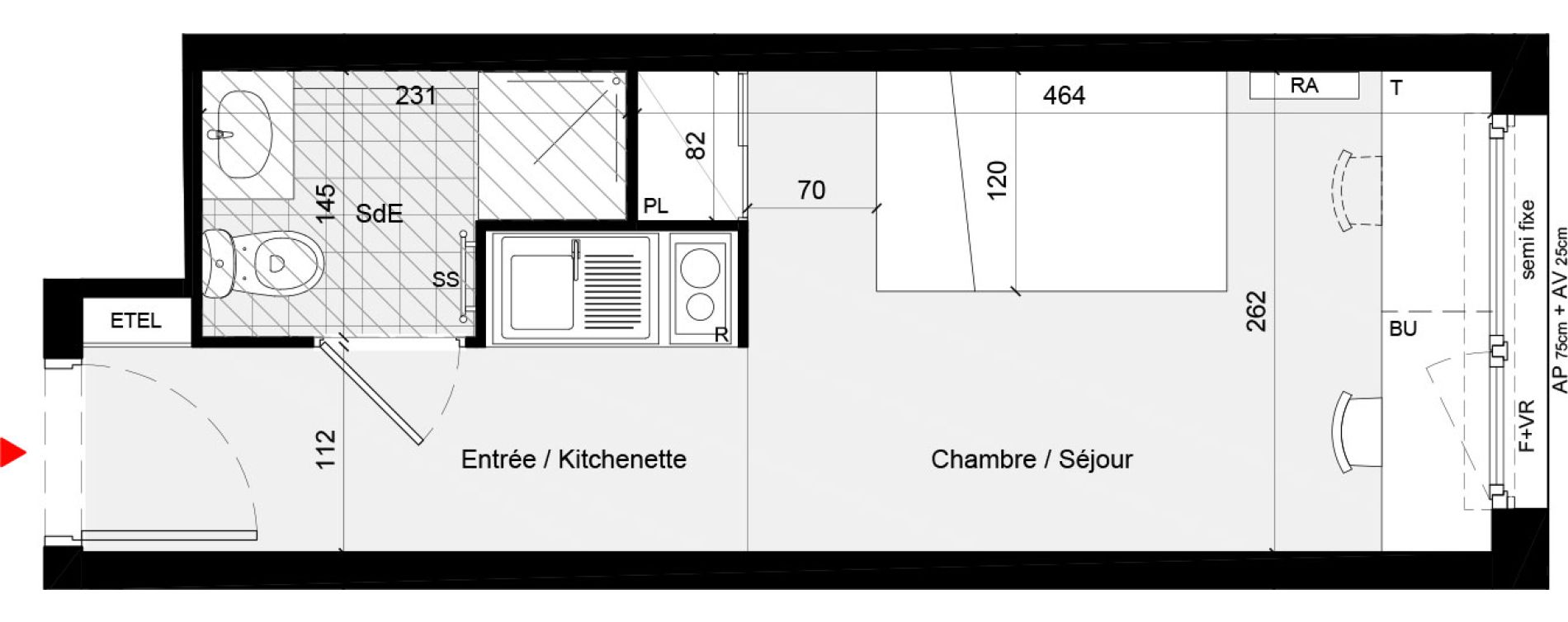 Appartement T1 meubl&eacute; de 18,80 m2 &agrave; Cr&eacute;teil L &eacute;chat