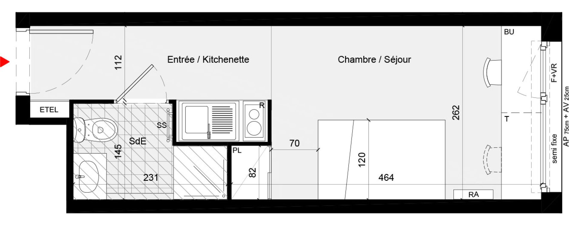 Appartement T1 meubl&eacute; de 18,80 m2 &agrave; Cr&eacute;teil L &eacute;chat