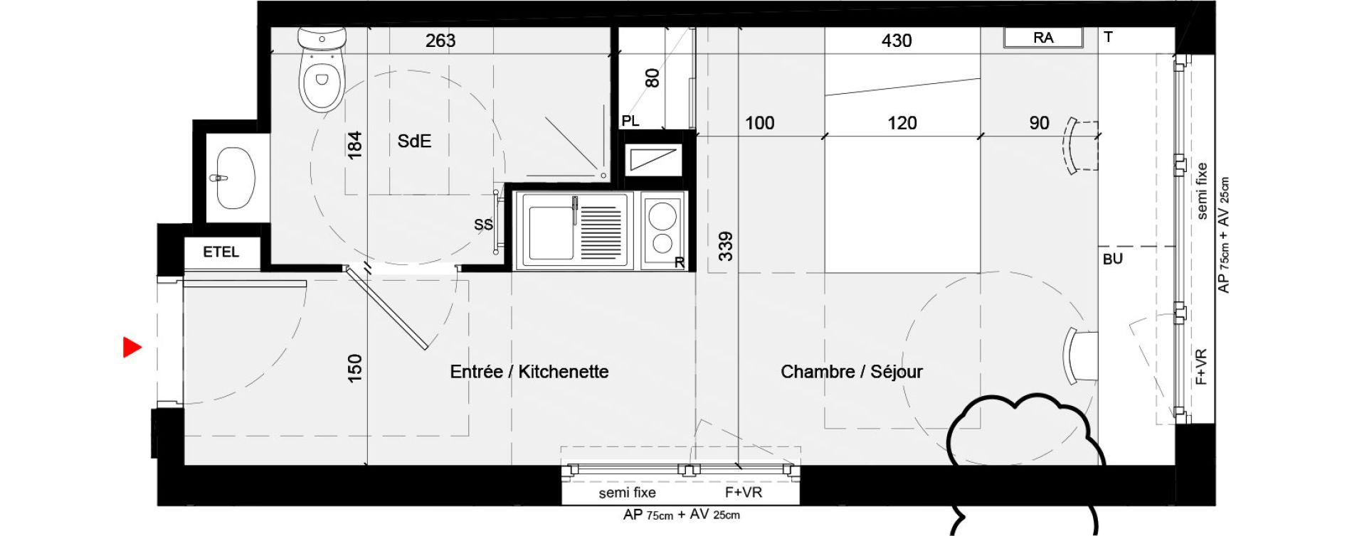 Appartement T1 meubl&eacute; de 24,51 m2 &agrave; Cr&eacute;teil L &eacute;chat