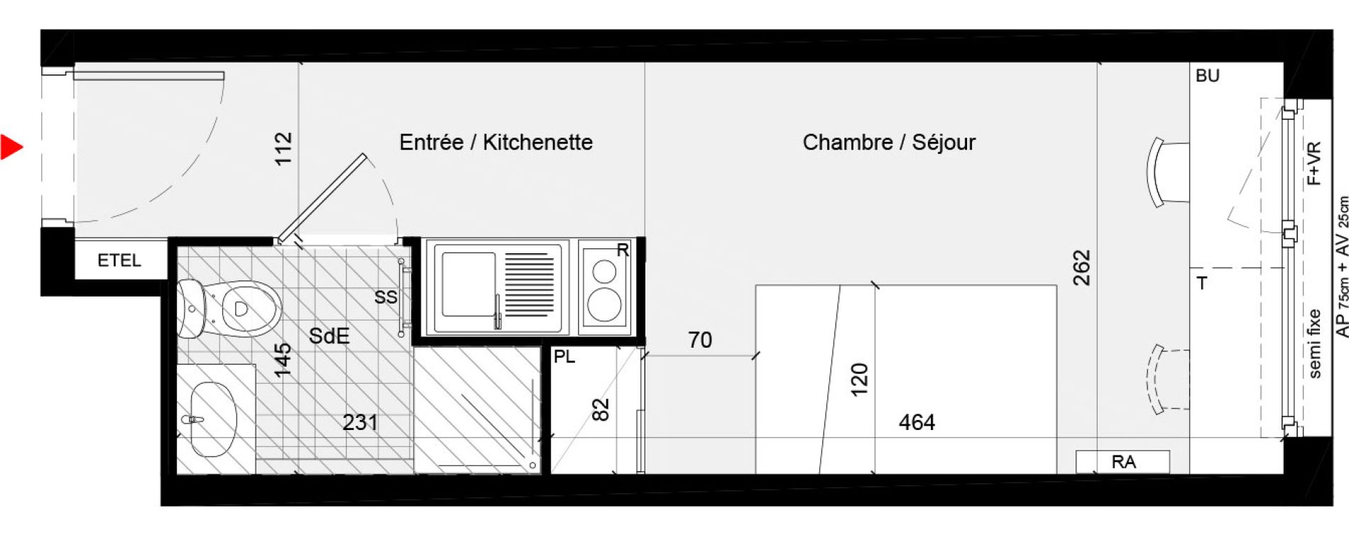 Appartement T1 meubl&eacute; de 18,80 m2 &agrave; Cr&eacute;teil L &eacute;chat