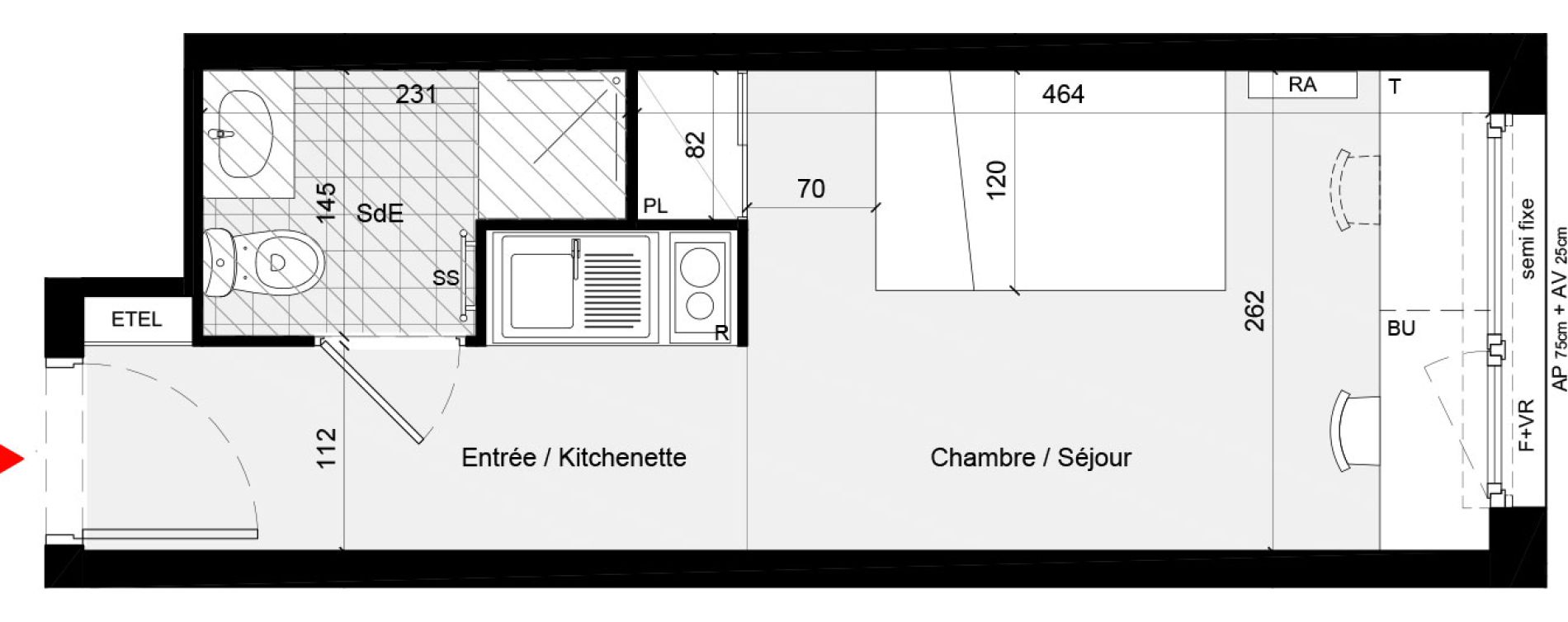 Appartement T1 meubl&eacute; de 18,80 m2 &agrave; Cr&eacute;teil L &eacute;chat