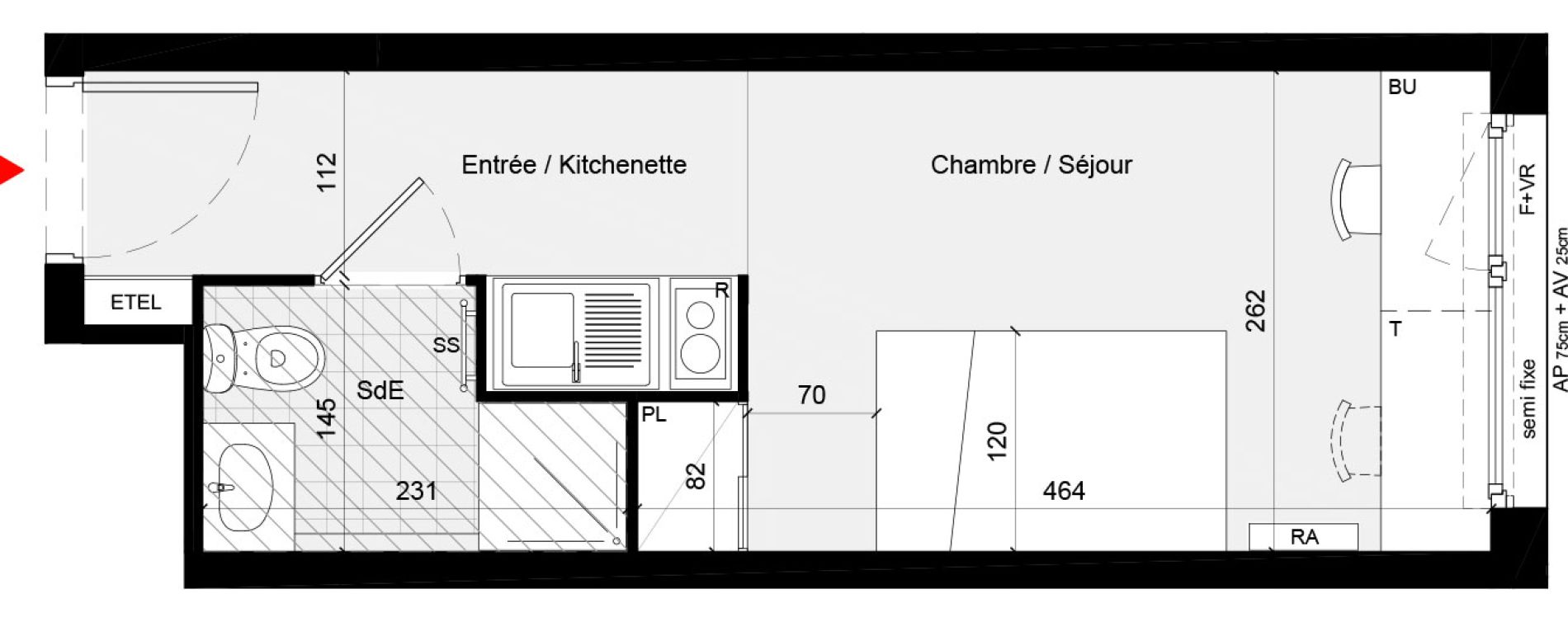 Appartement T1 meubl&eacute; de 18,80 m2 &agrave; Cr&eacute;teil L &eacute;chat